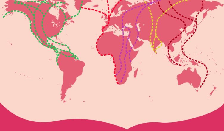 La voie de migration de l'Atlantique Est qui traverse le Maroc est au centre de la carte en rouge.